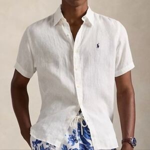 Polo Ralph Lauren Classic Fit Linen Button Up Shirt Men's White Beach Sz Xl